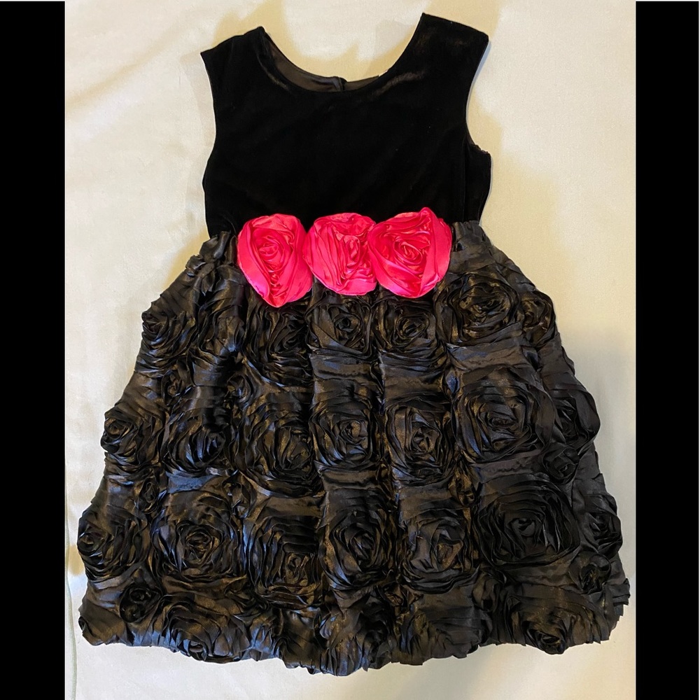 $99 VTG Cachcach 6 7 Black Rosettes Pink Dress Satin Party Holiday Christmas